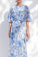 Load image into Gallery viewer, Bateau Neck Long White Blue Flower Sheath Mother of the Bride Dress