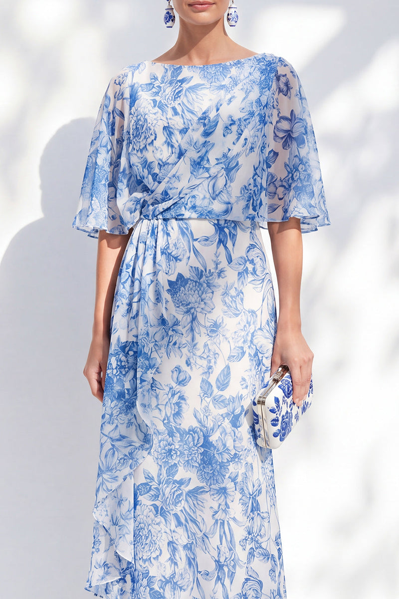 Load image into Gallery viewer, Bateau Neck Long White Blue Flower Sheath Mother of the Bride Dress
