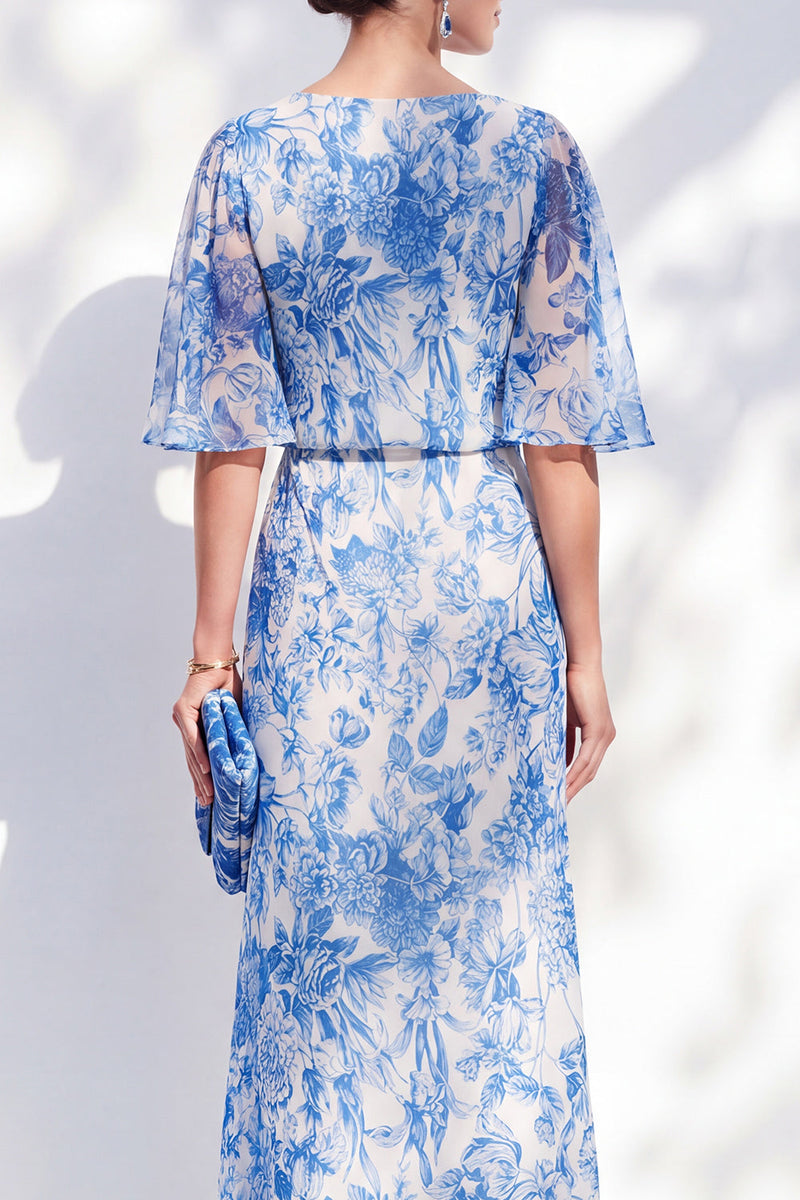 Load image into Gallery viewer, Bateau Neck Long White Blue Flower Sheath Mother of the Bride Dress