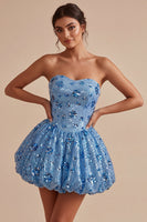 Load image into Gallery viewer, Floral Sparkly Sky Blue Short A Line Strapless Sequin Cocktail Dress
