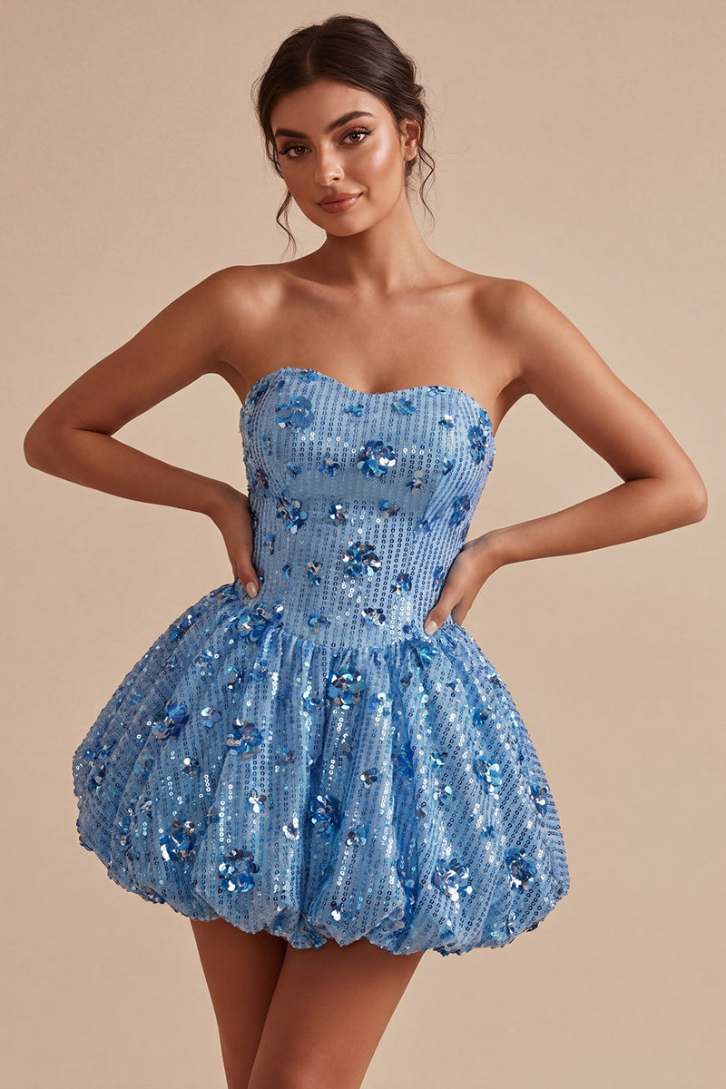 Load image into Gallery viewer, Floral Sparkly Sky Blue Short A Line Strapless Sequin Cocktail Dress
