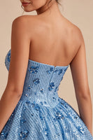 Load image into Gallery viewer, Floral Sparkly Sky Blue Short A Line Strapless Sequin Cocktail Dress