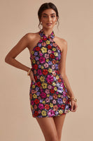 Load image into Gallery viewer, Floral Sparkly Black Halter Tight Short Sequin Backless Cocktail Dress