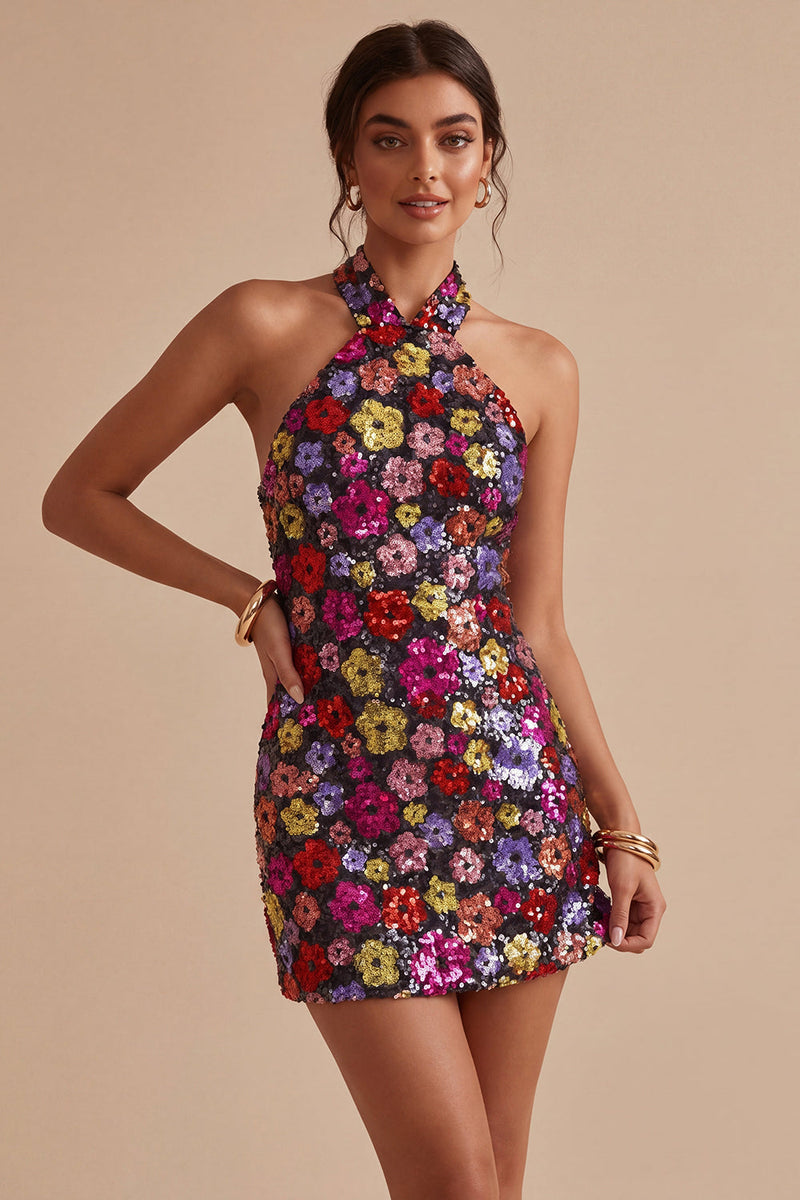 Load image into Gallery viewer, Floral Sparkly Black Halter Tight Short Sequin Backless Cocktail Dress