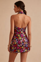 Load image into Gallery viewer, Floral Sparkly Black Halter Tight Short Sequin Backless Cocktail Dress