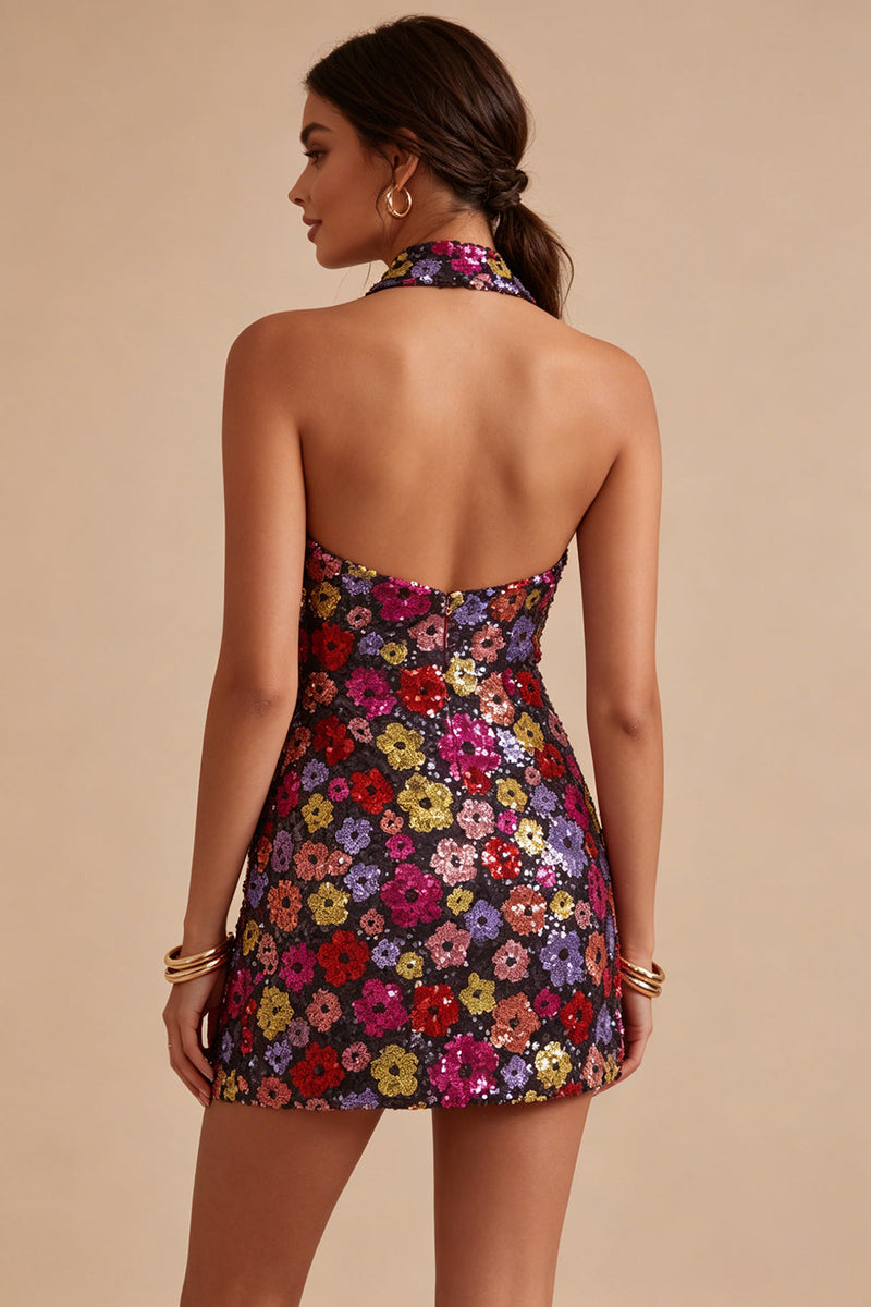 Load image into Gallery viewer, Floral Sparkly Black Halter Tight Short Sequin Backless Cocktail Dress