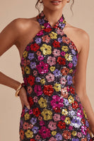 Load image into Gallery viewer, Floral Sparkly Black Halter Tight Short Sequin Backless Cocktail Dress