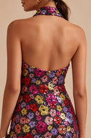 Load image into Gallery viewer, Floral Sparkly Black Halter Tight Short Sequin Backless Cocktail Dress