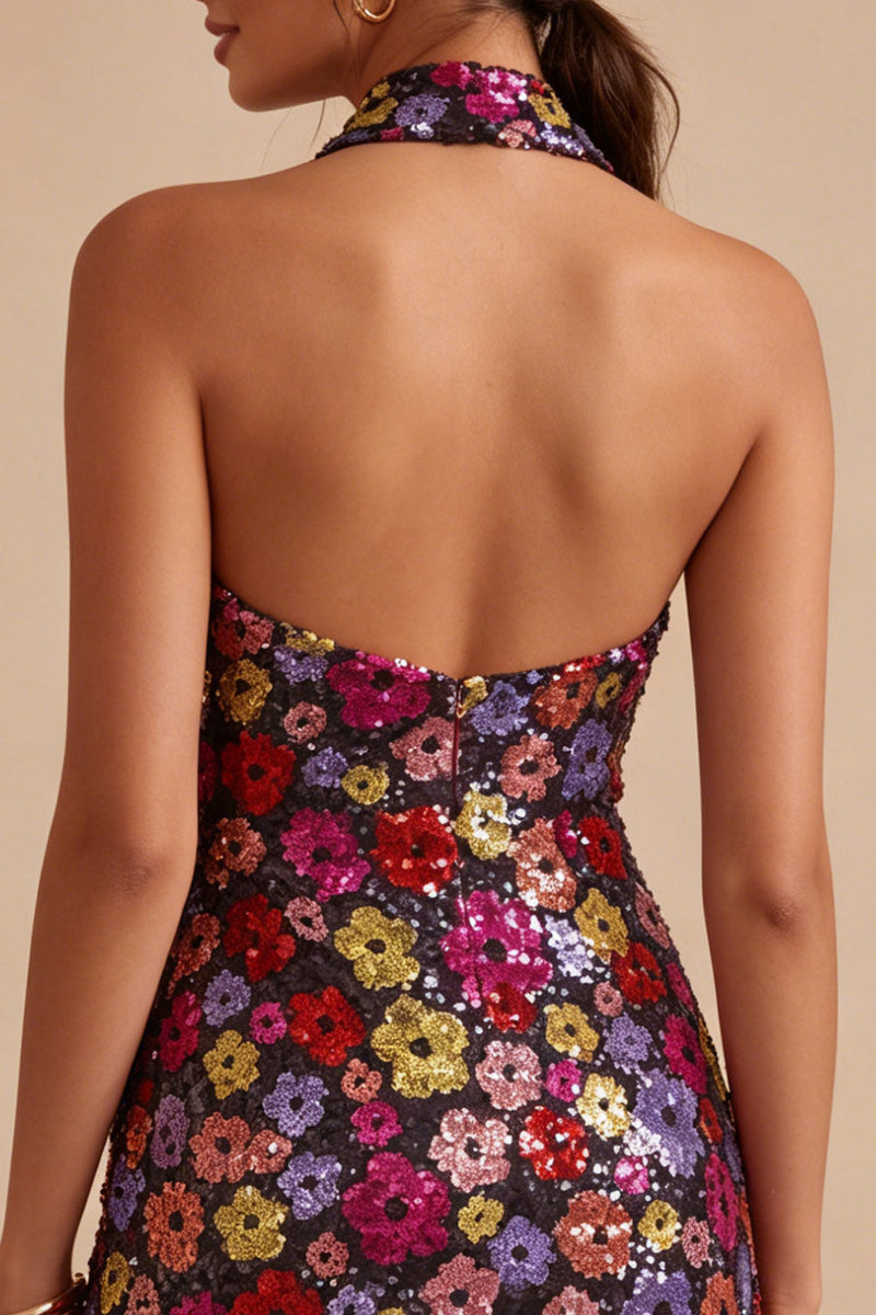 Load image into Gallery viewer, Floral Sparkly Black Halter Tight Short Sequin Backless Cocktail Dress