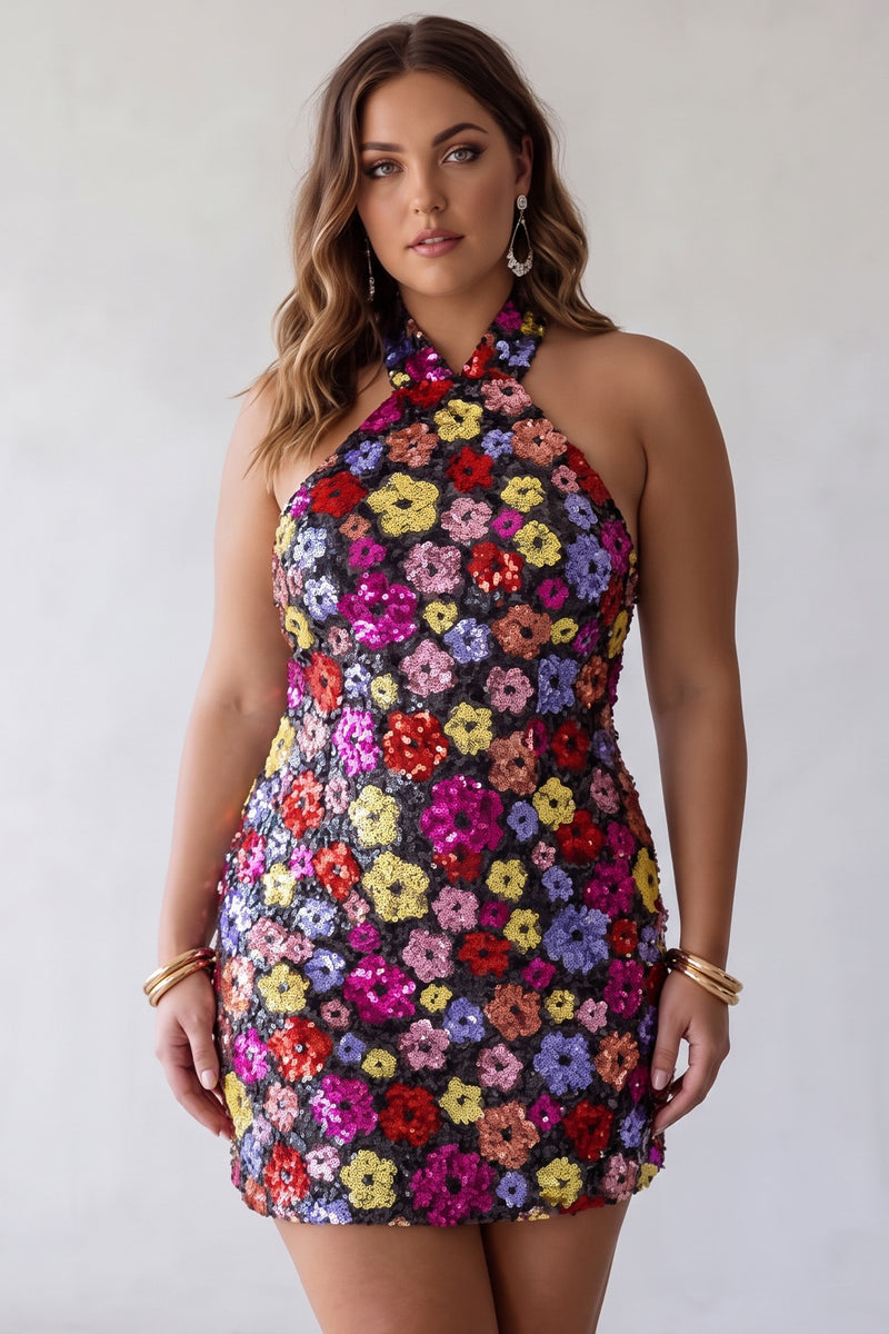 Load image into Gallery viewer, Floral Sparkly Black Halter Tight Short Sequin Backless Cocktail Dress