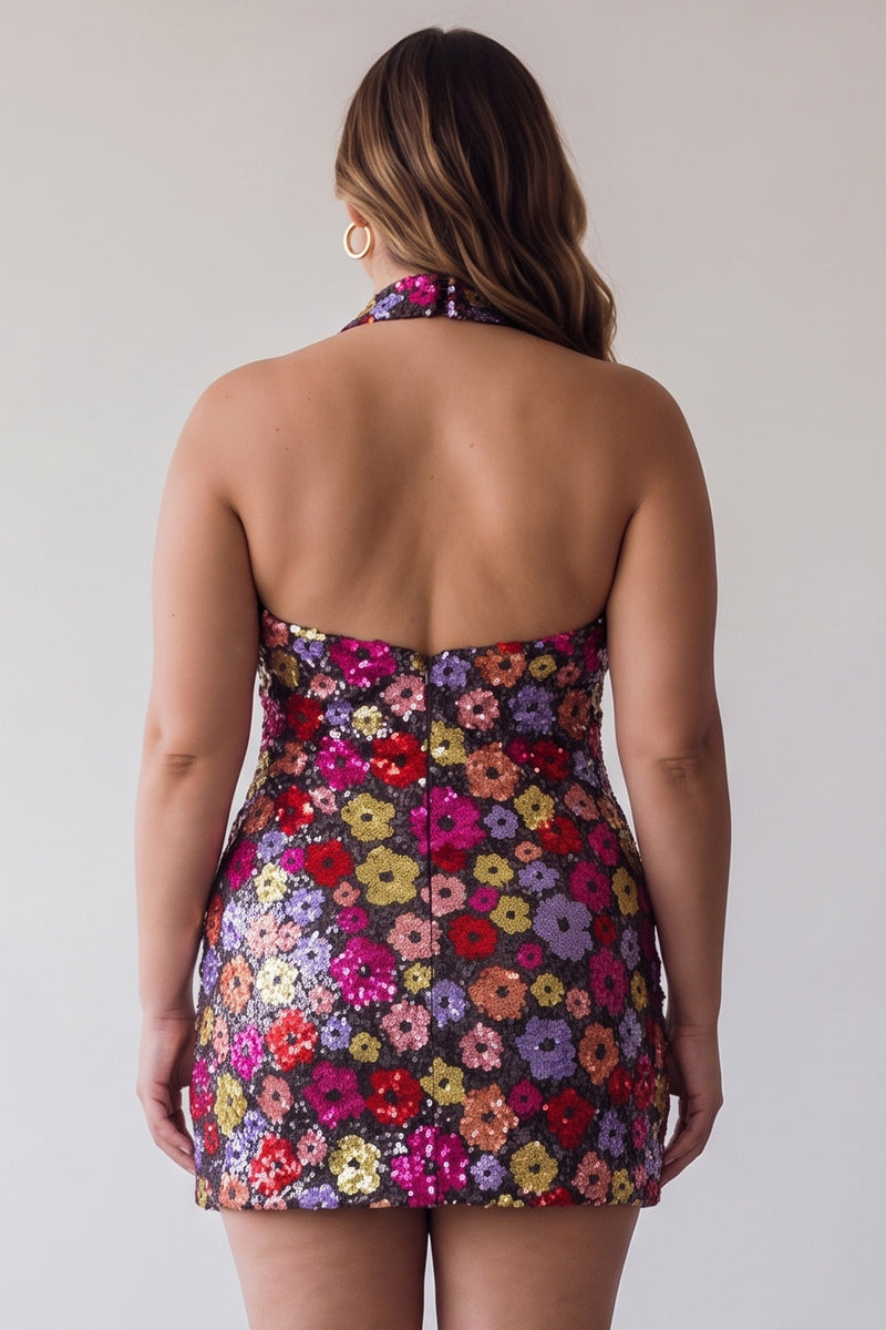 Load image into Gallery viewer, Floral Sparkly Black Halter Tight Short Sequin Backless Cocktail Dress