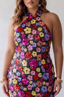Load image into Gallery viewer, Floral Sparkly Black Halter Tight Short Sequin Backless Cocktail Dress