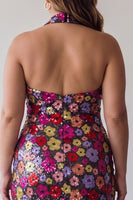 Load image into Gallery viewer, Floral Sparkly Black Halter Tight Short Sequin Backless Cocktail Dress