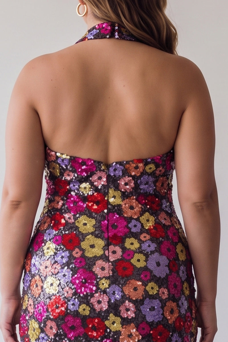 Load image into Gallery viewer, Floral Sparkly Black Halter Tight Short Sequin Backless Cocktail Dress