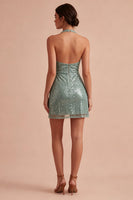 Load image into Gallery viewer, Sparkly Sequin Light Green Short Cowl Neck Tight Cocktail Dress