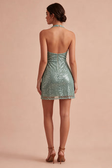 Sparkly Sequin Light Green Short Cowl Neck Tight Cocktail Dress