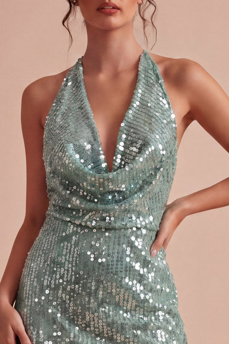 Load image into Gallery viewer, Sparkly Sequin Light Green Short Cowl Neck Tight Cocktail Dress