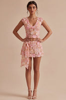 Load image into Gallery viewer, Floral Pink V-Neck 2 Piece Short Birthday Party Dress with Sash