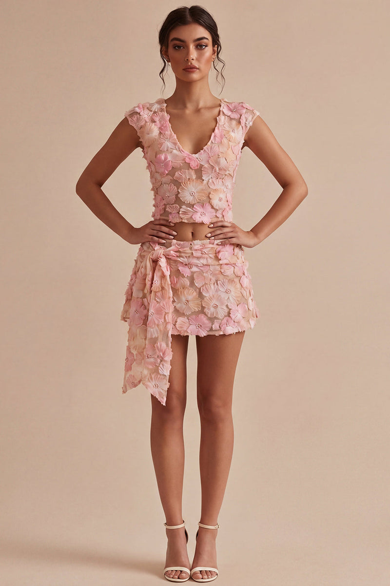 Load image into Gallery viewer, Floral Pink V-Neck 2 Piece Short Birthday Party Dress with Sash