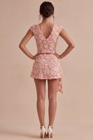 Load image into Gallery viewer, Floral Pink V-Neck 2 Piece Short Birthday Party Dress with Sash