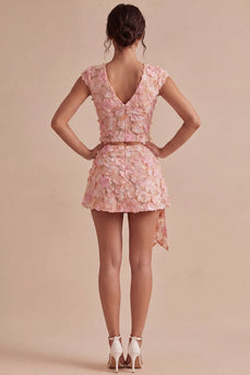 Floral Pink V-Neck 2 Piece Short Birthday Party Dress with Sash