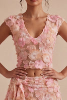 Load image into Gallery viewer, Floral Pink V-Neck 2 Piece Short Birthday Party Dress with Sash