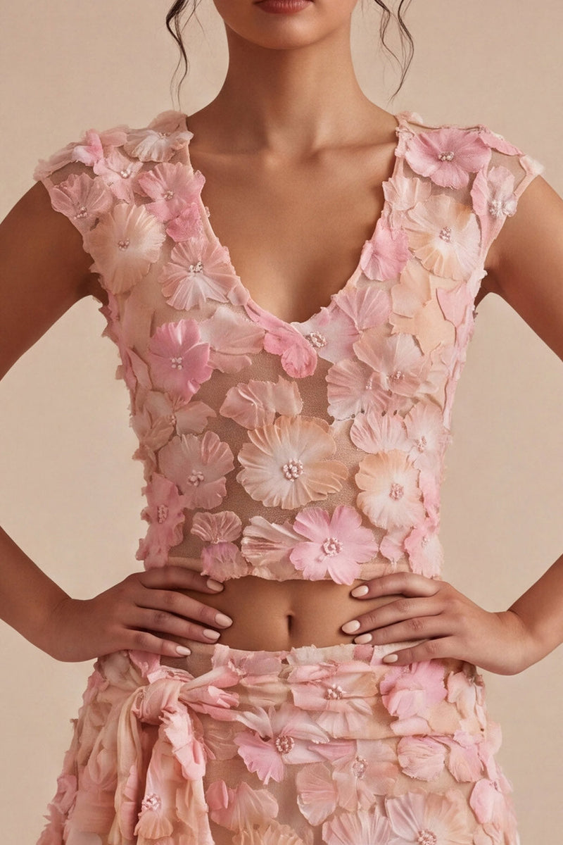 Load image into Gallery viewer, Floral Pink V-Neck 2 Piece Short Birthday Party Dress with Sash