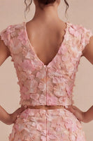 Load image into Gallery viewer, Floral Pink V-Neck 2 Piece Short Birthday Party Dress with Sash