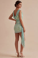 Load image into Gallery viewer, Sparkly Light Green Sequin Tight Short Cowl Neck Birthday Party Dress with Sash