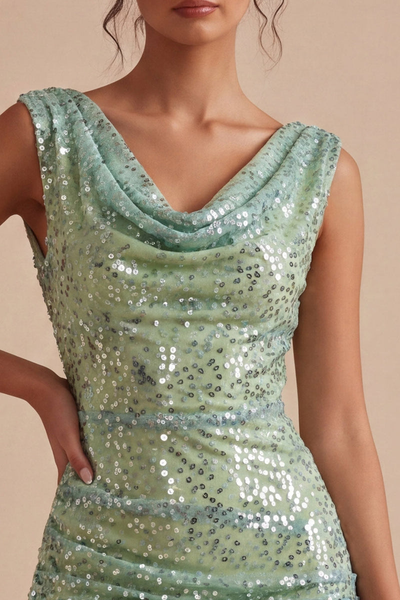 Load image into Gallery viewer, Sparkly Light Green Sequin Tight Short Cowl Neck Birthday Party Dress with Sash