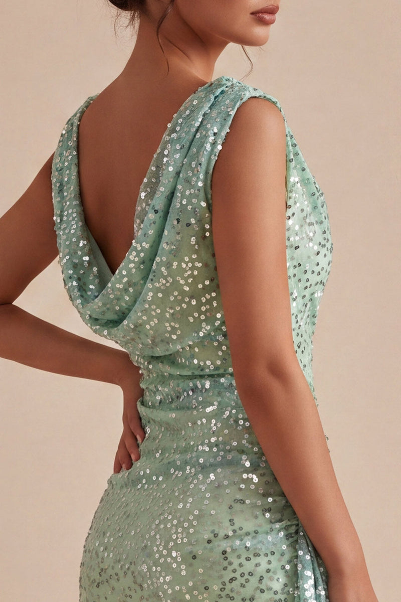 Load image into Gallery viewer, Sparkly Light Green Sequin Tight Short Cowl Neck Birthday Party Dress with Sash