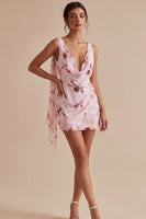 Load image into Gallery viewer, Floral Pink Cowl Neck Tight Short Ruched Birthday Party Dress with Sash