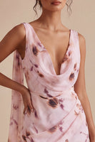 Load image into Gallery viewer, Floral Pink Cowl Neck Tight Short Ruched Birthday Party Dress with Sash