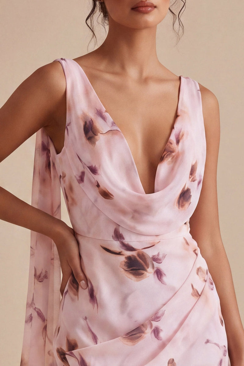 Load image into Gallery viewer, Floral Pink Cowl Neck Tight Short Ruched Birthday Party Dress with Sash