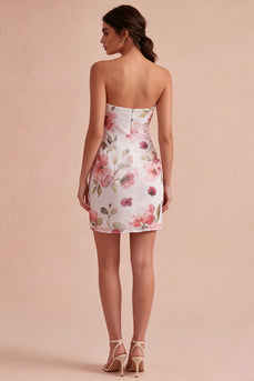 Strapless Tight Pink Flower Short Ruched Birthday Party Dress with Slit