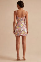 Load image into Gallery viewer, Sparkly Pink Short Floral Tight Spaghetti Straps Sequin Birthday Party Dress