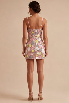 Sparkly Pink Short Floral Tight Spaghetti Straps Sequin Birthday Party Dress
