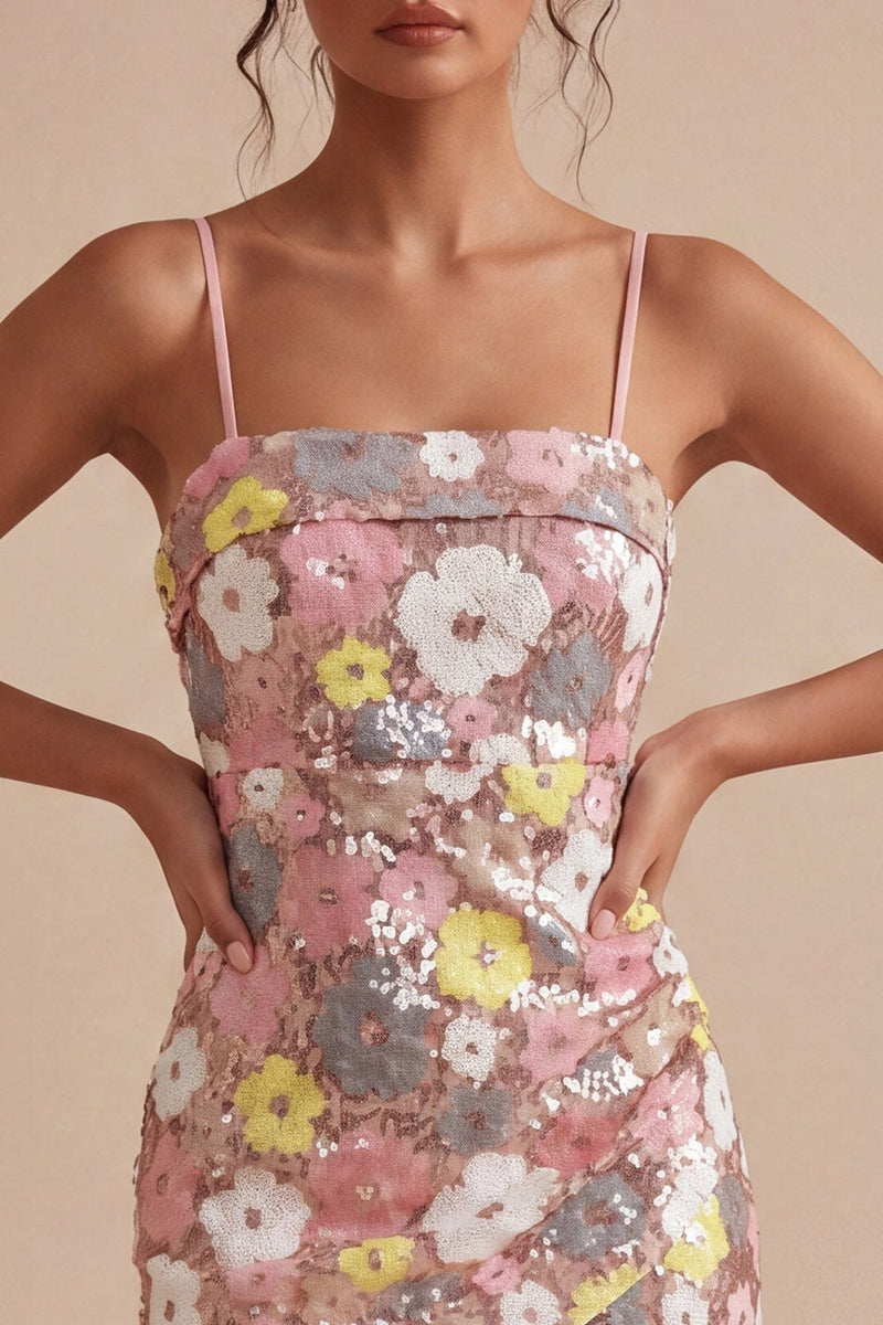 Load image into Gallery viewer, Sparkly Pink Short Floral Tight Spaghetti Straps Sequin Birthday Party Dress