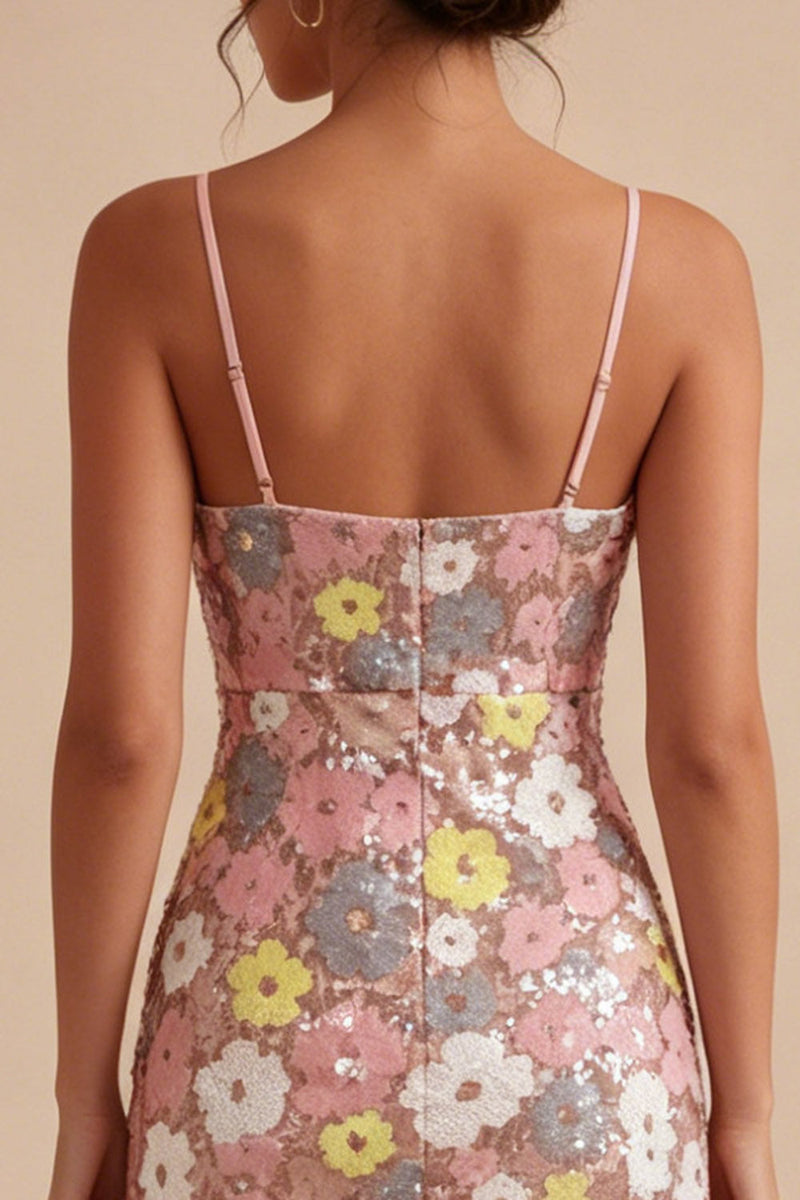 Load image into Gallery viewer, Sparkly Pink Short Floral Tight Spaghetti Straps Sequin Birthday Party Dress
