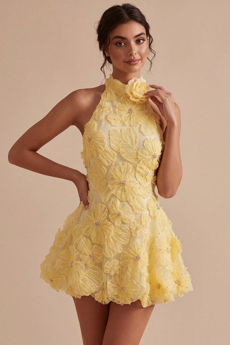 Load image into Gallery viewer, Floral Halter Daffodil A Line Short Backless Birthday Party Dress with Beading