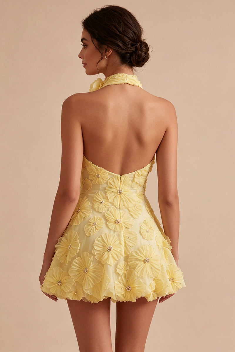 Load image into Gallery viewer, Floral Halter Daffodil A Line Short Backless Birthday Party Dress with Beading