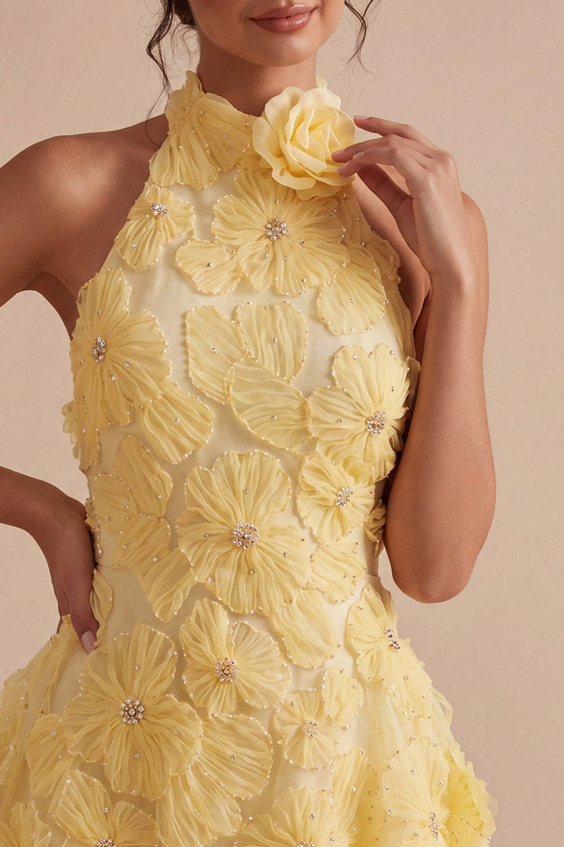 Load image into Gallery viewer, Floral Halter Daffodil A Line Short Backless Birthday Party Dress with Beading