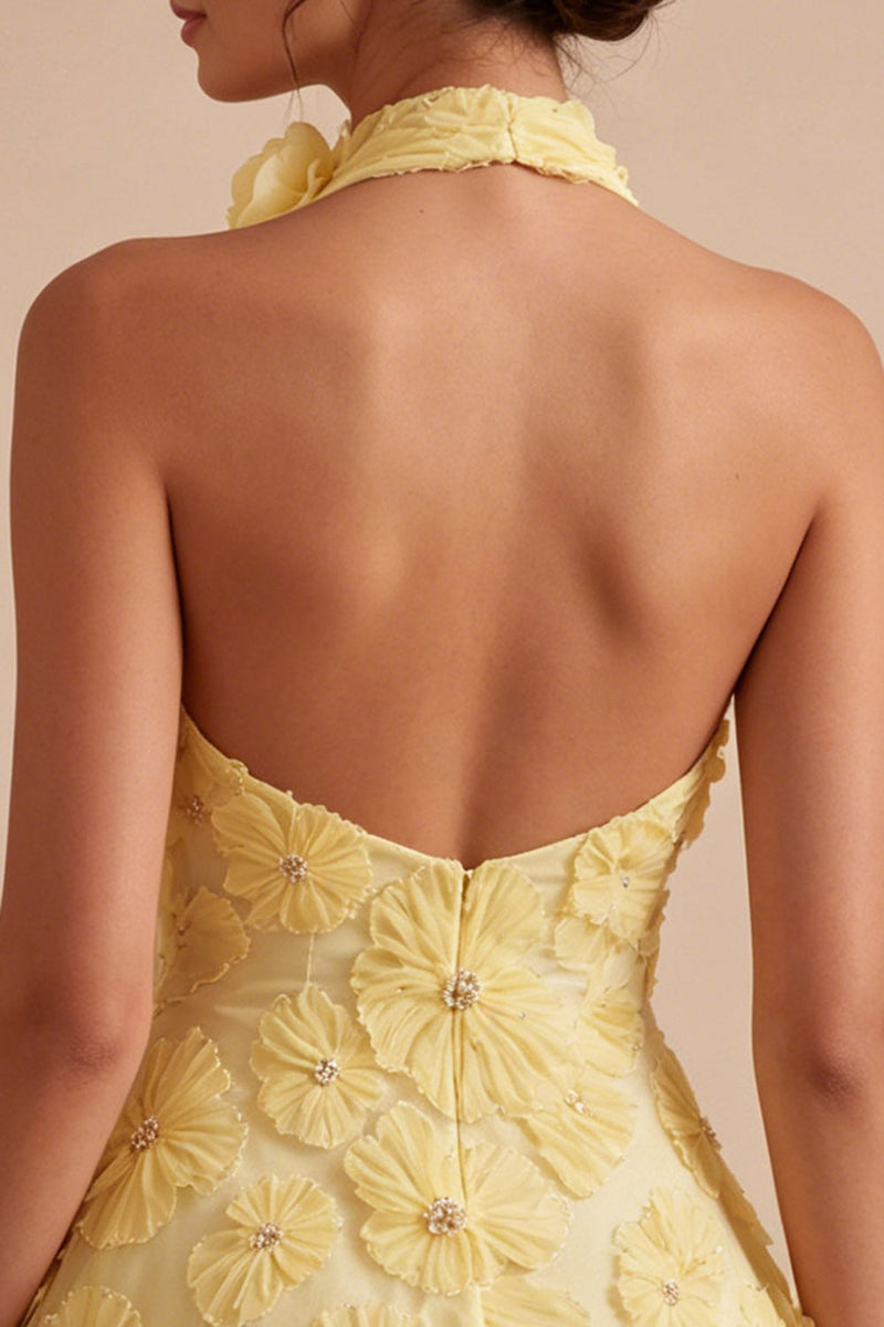Load image into Gallery viewer, Floral Halter Daffodil A Line Short Backless Birthday Party Dress with Beading