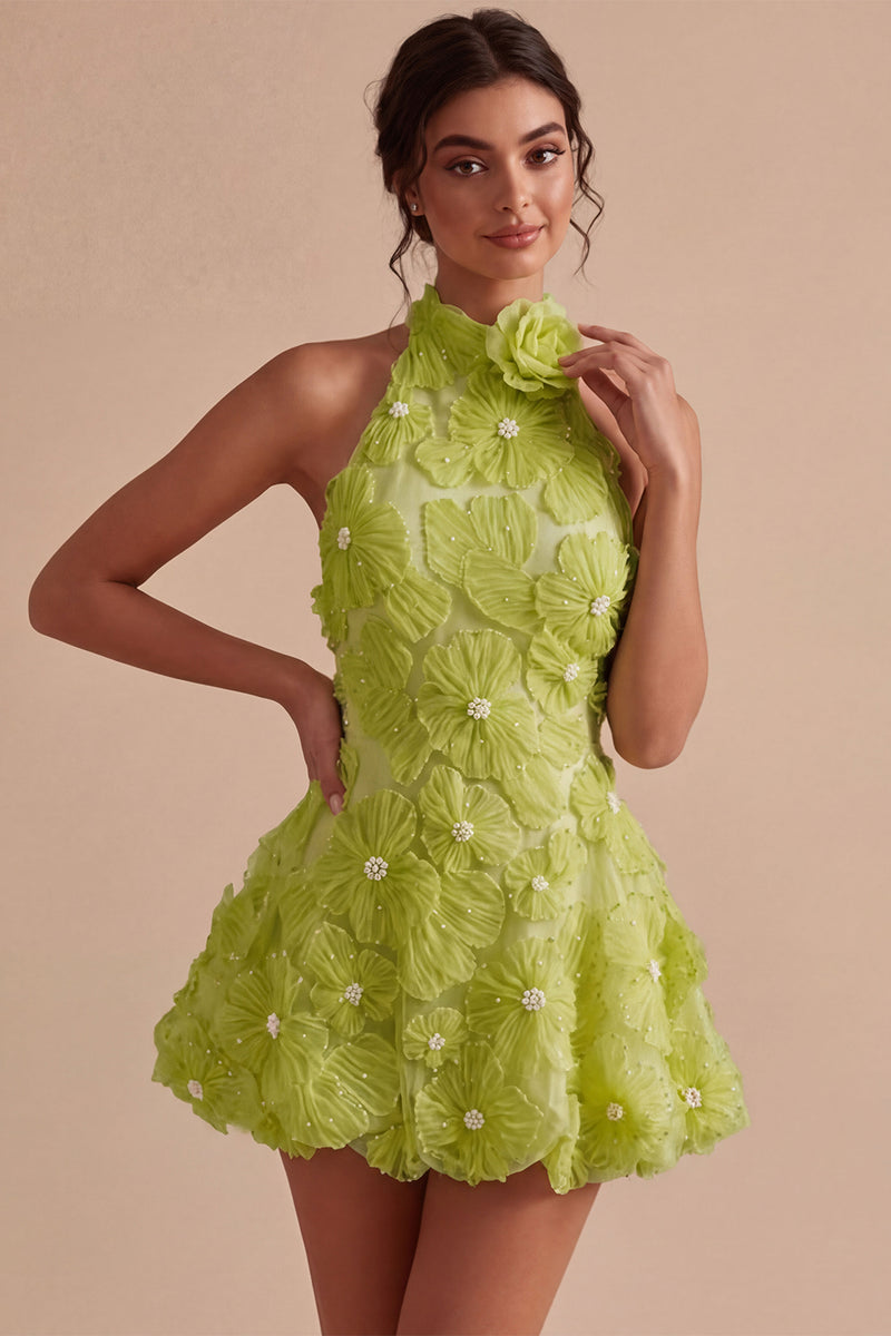 Load image into Gallery viewer, Floral Halter Daffodil A Line Short Backless Birthday Party Dress with Beading