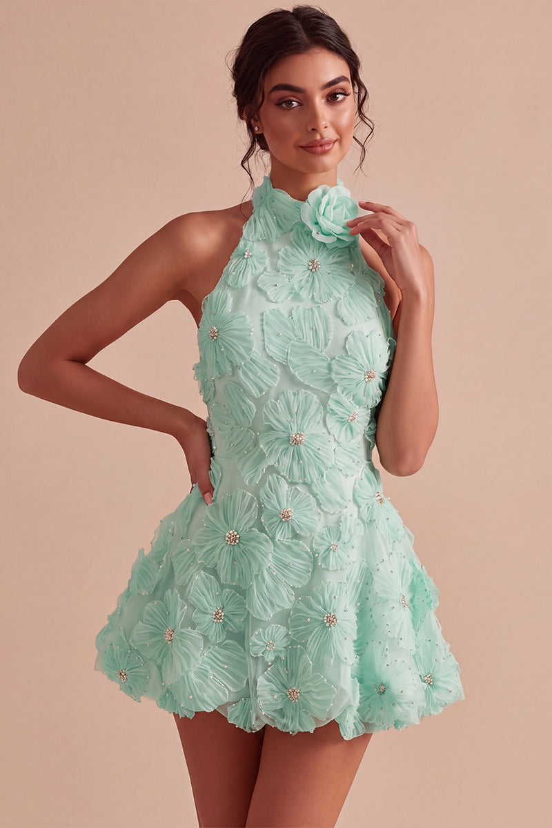 Load image into Gallery viewer, Floral Halter Daffodil A Line Short Backless Birthday Party Dress with Beading
