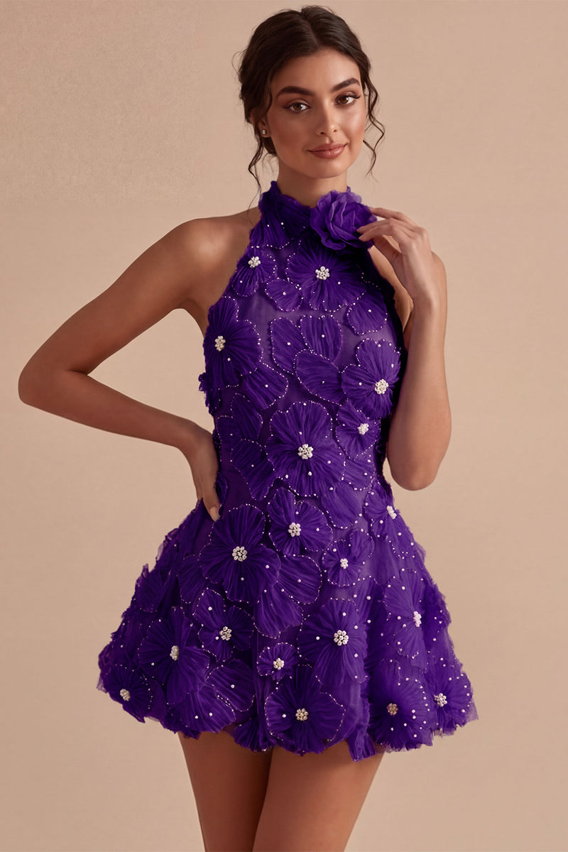 Load image into Gallery viewer, Floral Halter Daffodil A Line Short Backless Birthday Party Dress with Beading
