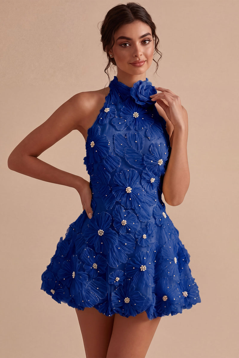 Load image into Gallery viewer, Floral Halter Daffodil A Line Short Backless Birthday Party Dress with Beading