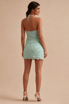 Floral Mint Green Halter 2 Piece Short Tight Birthday Party Dress
