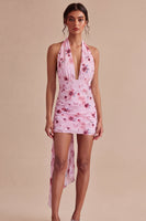 Load image into Gallery viewer, Floral Tight Halter Pink Short Ruched Birthday Party Dress with Bow