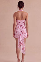 Load image into Gallery viewer, Floral Tight Halter Pink Short Ruched Birthday Party Dress with Bow